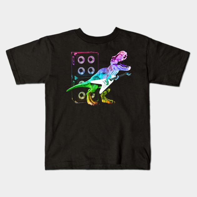 T-Rex Dinosaur and Guitar Kids T-Shirt by robotface